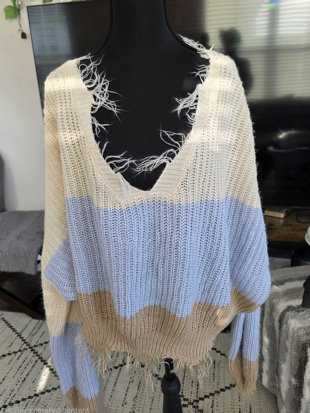 Rue21 Colorblock Frayed V-Neck Sweater - Cream, Light Blue & Tan